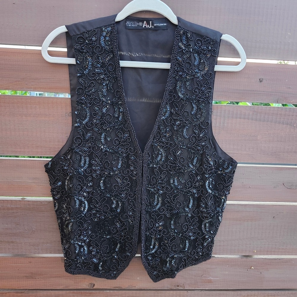 Vintage A.J. Black Beaded‎ Vest Sequin Festival Eclectic Fancy Whimsigoth M